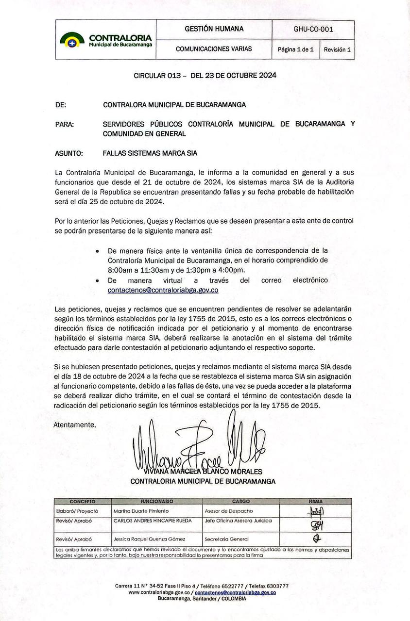 CIRCULAR No. 013 DEL 23 DE OCTUBRE DE 2024